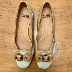 SOFFT  Women’s Brown Leather Linen Slip-On Comfort Buckle Flats 7.5